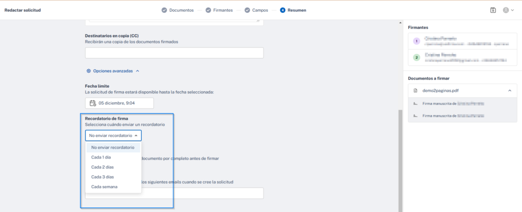 Recordatorios para una solicitud de firma