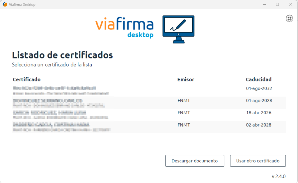 Viafirma Desktop - Selección de certificado